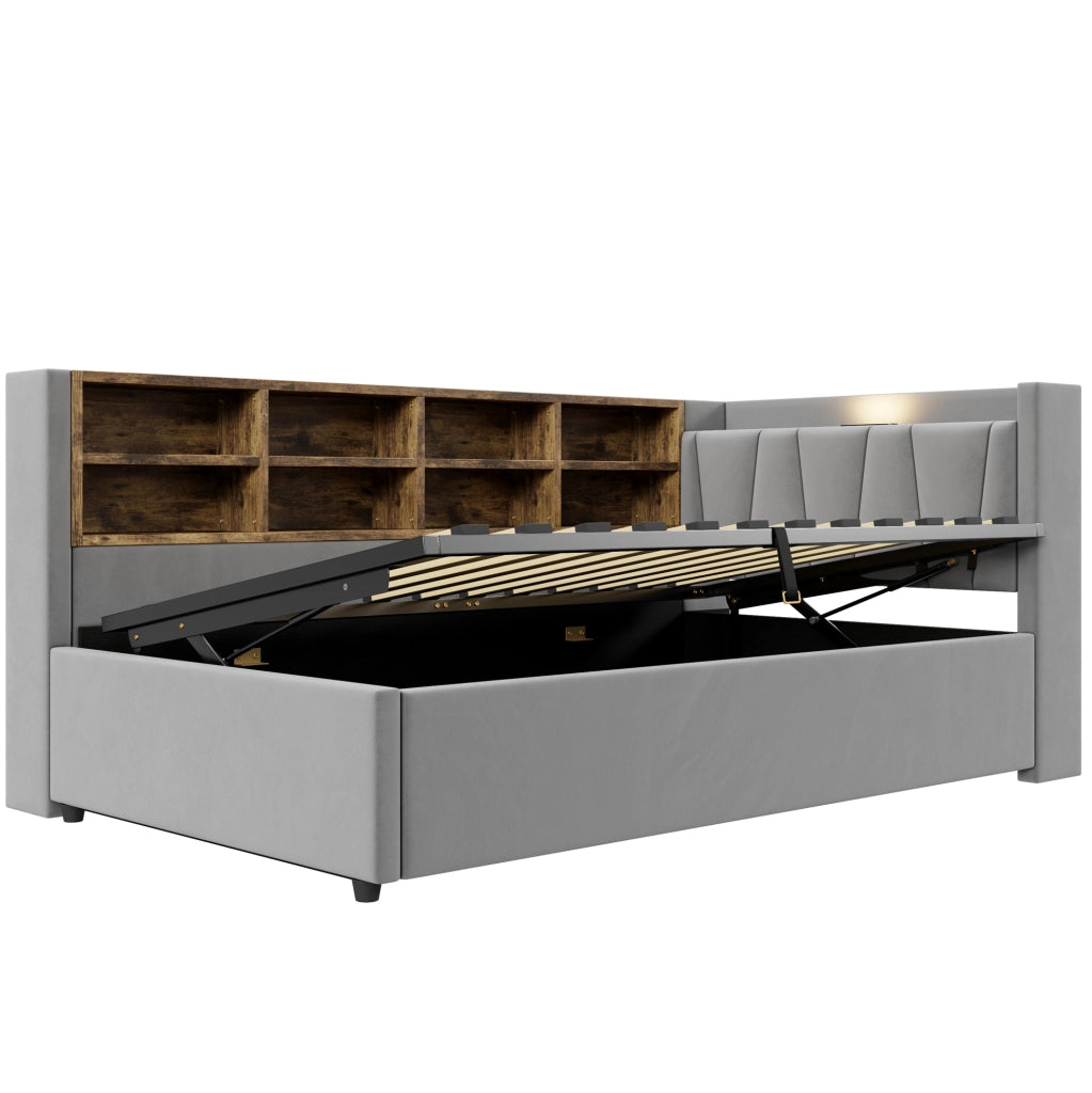 Letto imbottito 90x200 cm con contenitore idraulico; luce notturna; USB e Type-C; grigio