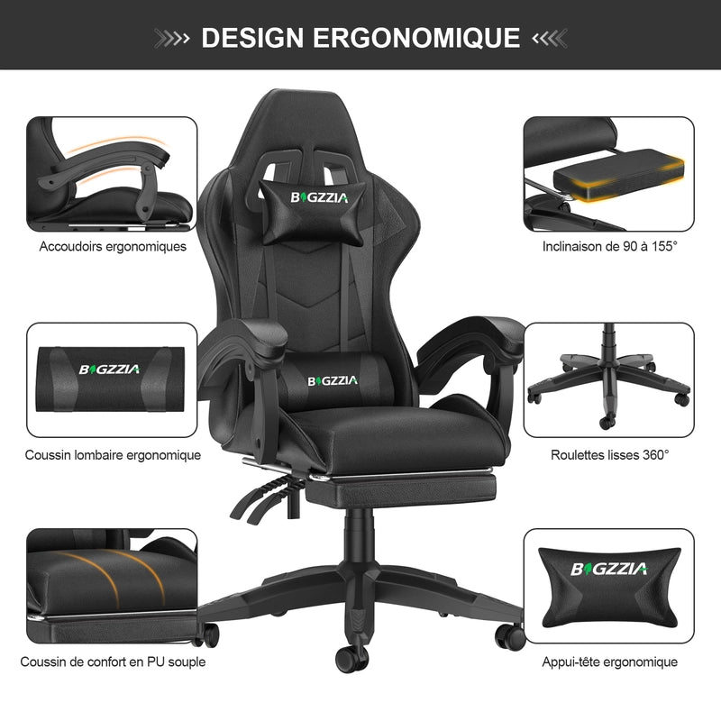 Sedia da gioco, sedia da gioco ergonomica  in similpelle, altezza regolabile, con poggiatesta e supporto lombare, poggiapiedi, nera