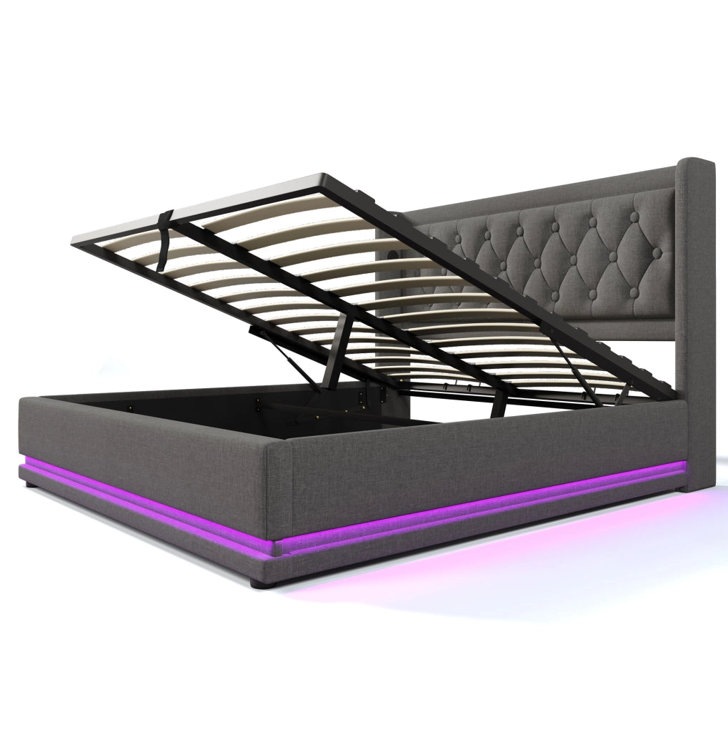 Letto contenitore imbottito ULEVR 160x200 cm con sollevamento idraulico, LED su 3 lati, USB e Type-C, grigio