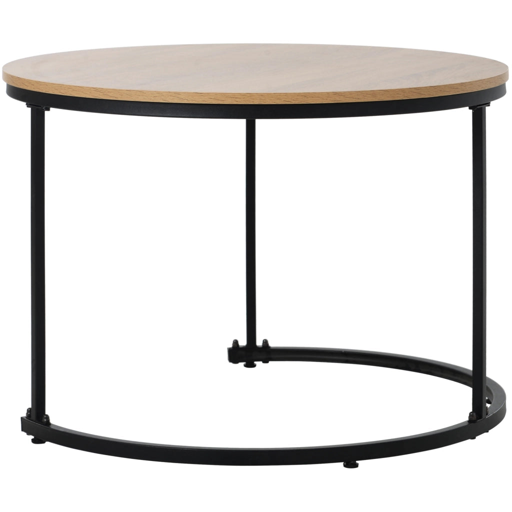 Set 2 tavolini da salotto rotondi impilabili in MDF effetto rovere con struttura in metallo