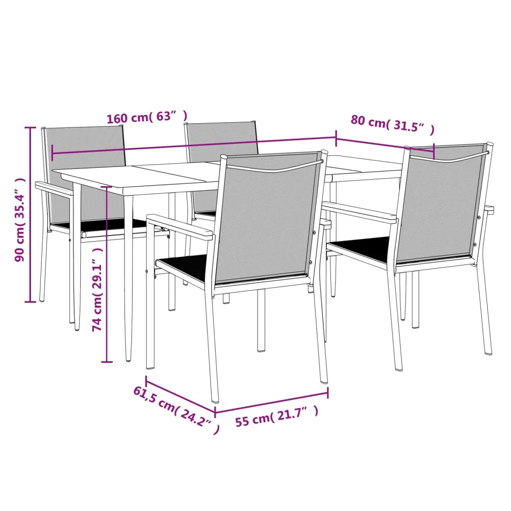 Set da Pranzo da Giardino 5 pz Nero in Textilene e Acciaio 3187037