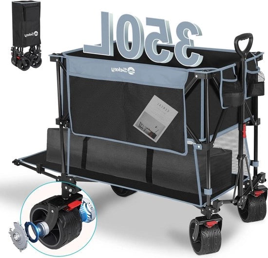 Carrello pieghevole XXXXL 350L | Cinture extra larghe 17x10cm | 150KG | Carrello da spiaggia carrello pieghevole | 4 direzioni | 4XL-Double 4021 | Blu Nero