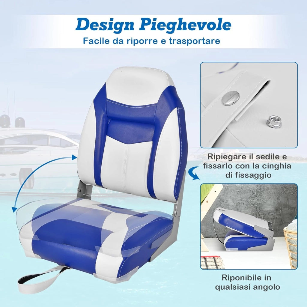 Sedia da Barca, Sedile da Barca Pieghevole con Morbido Cuscino Imbottito, Rivestimento in PVC Impermeabile, Blu (1)