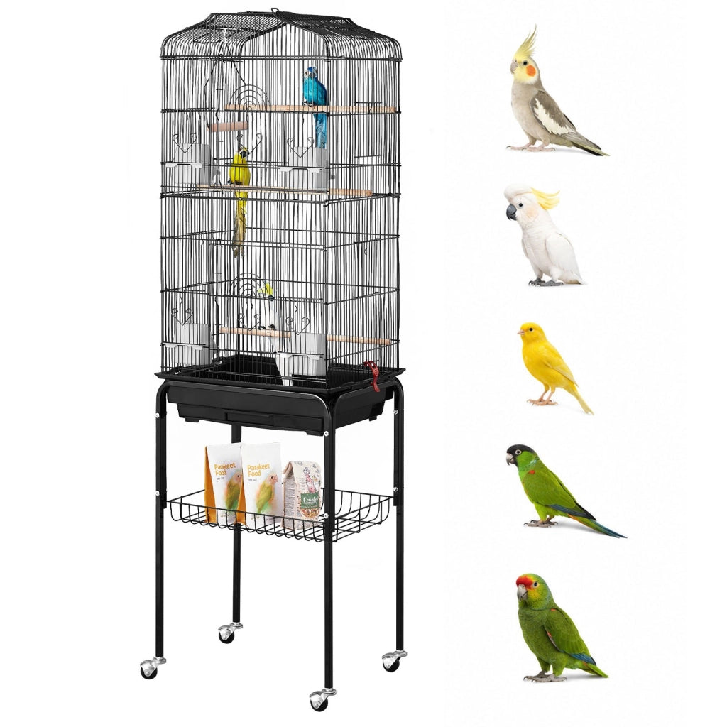 Gabbia per Uccelli e Parrocchetti Nera 45,7 x 35,5 x 151 cm con Supporto Mobile, Tetto Apribile e 4 Trespoli, Robusta e Pratica