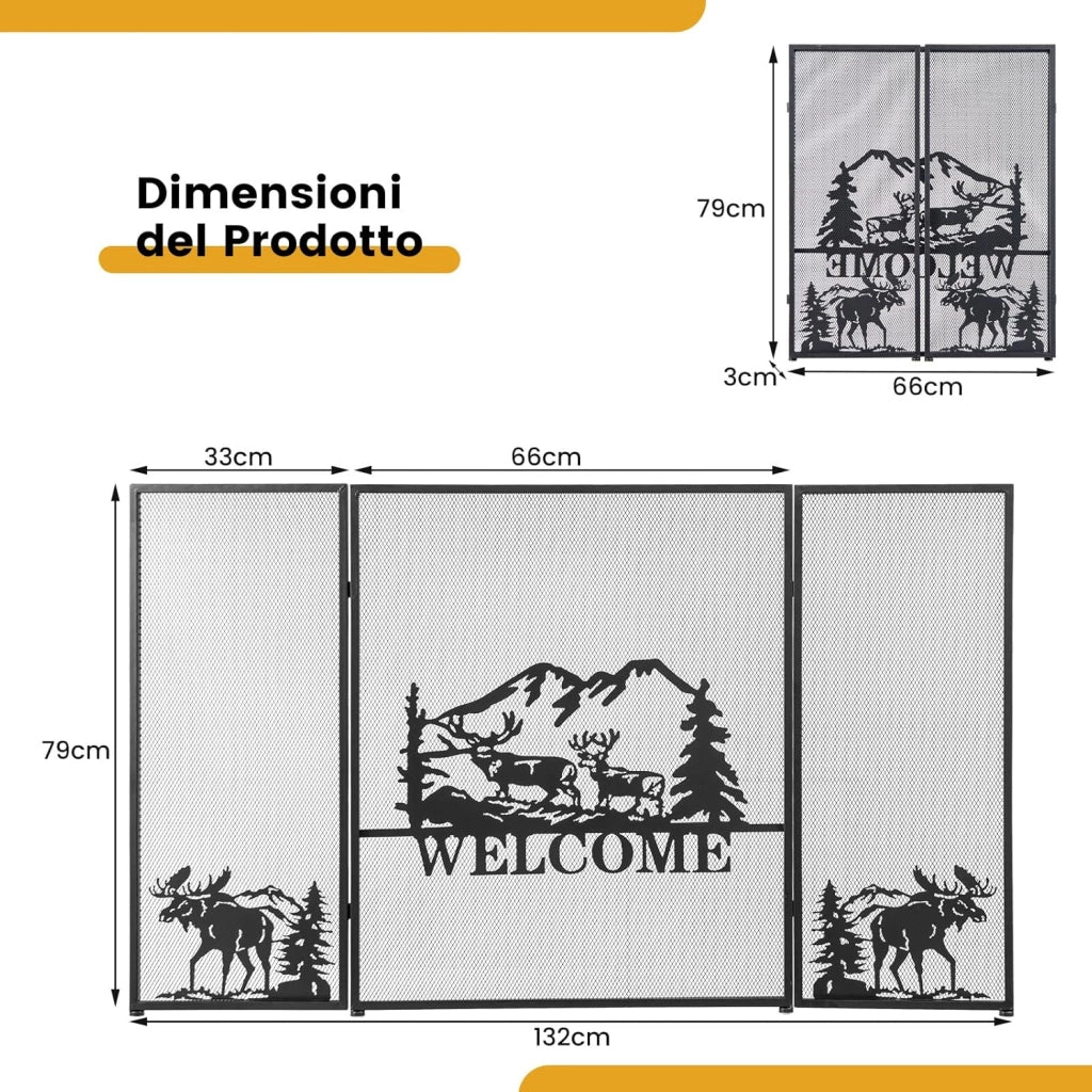 Parascintille per Camino 132 x 79 cm, Paraschizzi Camino Pieghevole a 3 Pannelli con Motivo Bello, Barriera Protettiva Robusta in Metallo per Camino (Stile 1)