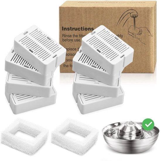 Filtro di sostituzione per fonte di acqua per gatti, 8 pezzi filtro a carbone attivo per fonte di acqua con 2 pezzi filtro schiuma Drinkwell, filtro per fonte di acqua per gatti in acciaio inossidabile
