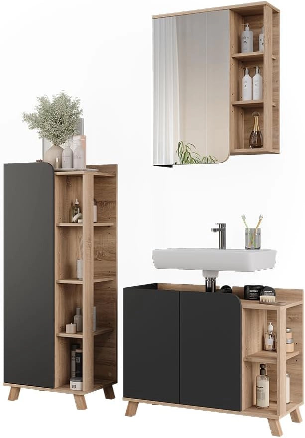 Set di mobili da bagno Karen, Sonoma/antracite, 80 cm, composto da mobile sottolavabo, specchiera e mobile medio