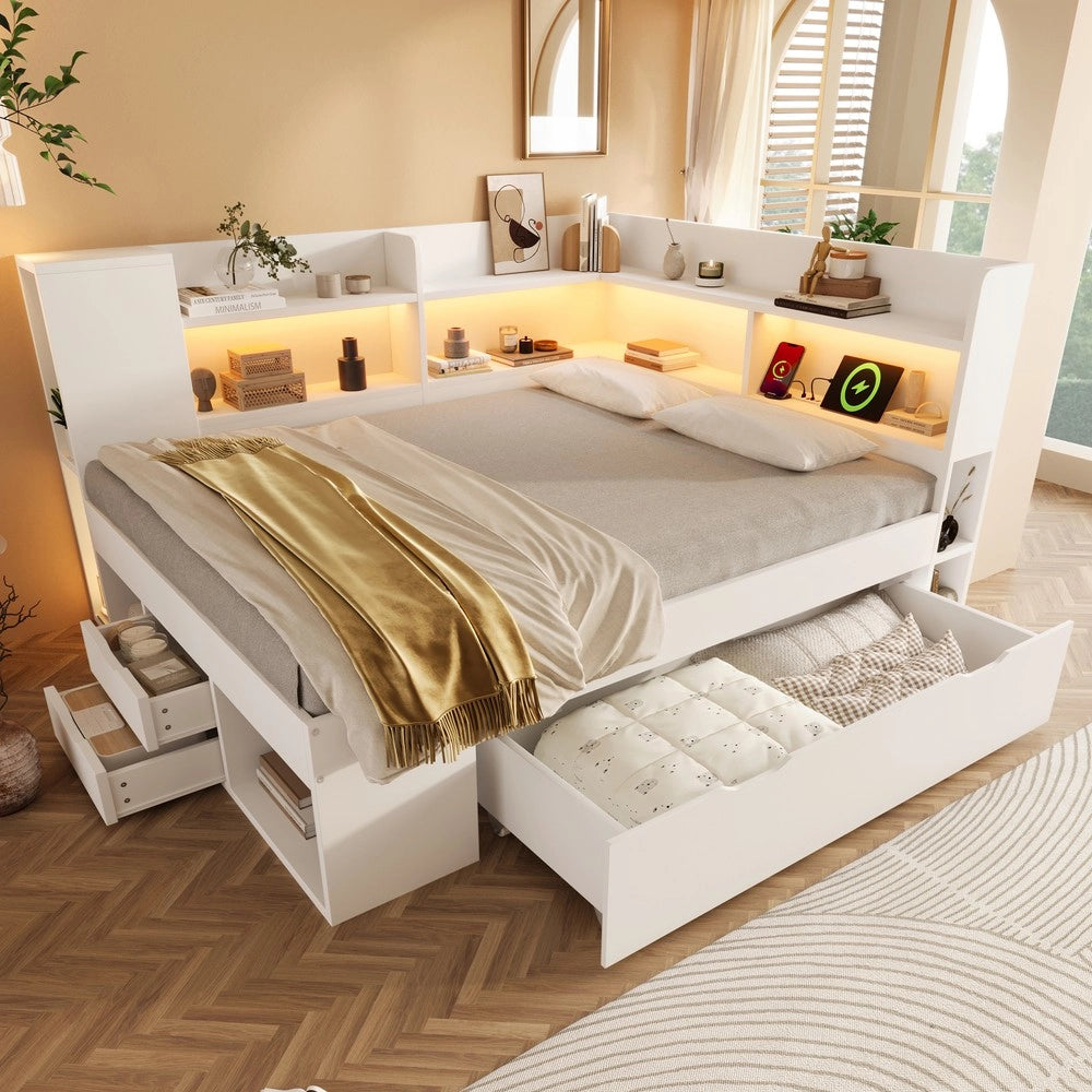 Letto Contenitore 140x200 con LED, USB, Cassetti e Rete a Doghe ¨C Xylo ¨C Bianco, con Materasso