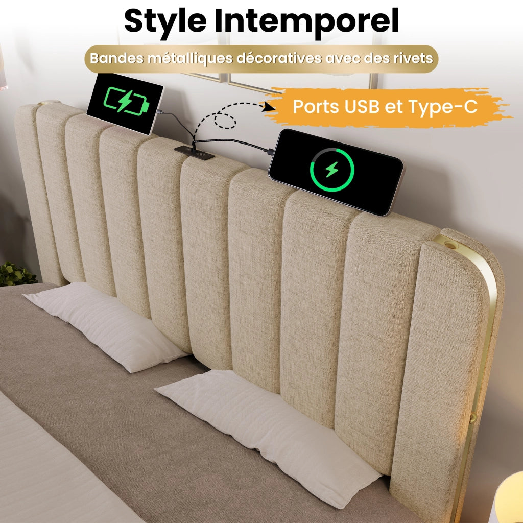 Letto Contenitore Letto Matrimoniale 160 x 200 cm con USB; Type-C e LED regolabile; senza Materasso; Lino Beige