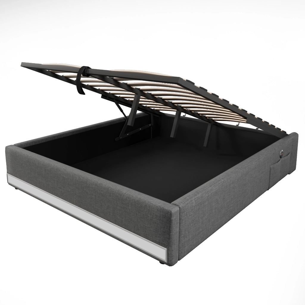 Letto Contenitore Matrimoniale 140x200 cm; USB; Type-C; LED; Tasche laterali; in Lino Grigio