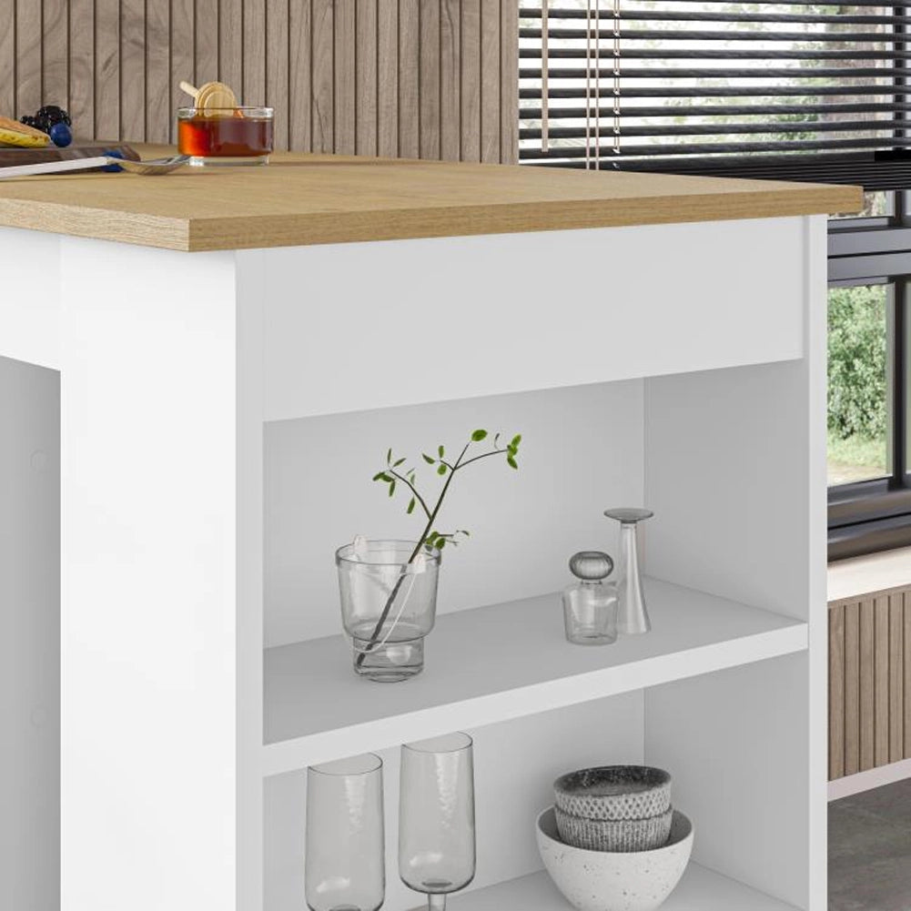 Tavolo da Bar 4 Ripiani e Portaoggetti Bianco e Quercia Salvaspazio 117x54x102cm