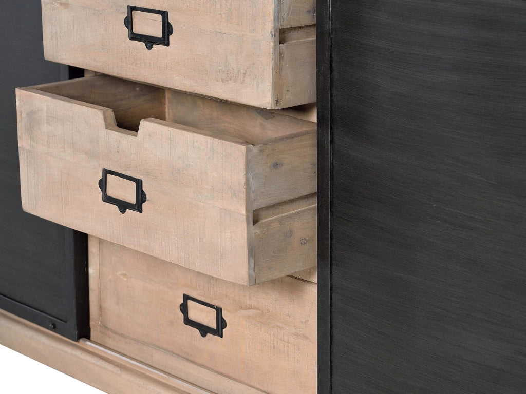 Credenza stile industriale a 2 ante scorrevoli e 3 cassetti