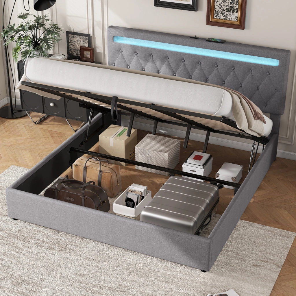 OKWISH Letto contenitore 180×200 cm, Letto Matrimoniale con LED Regolabile, USB e Tipo C, senza Materasso, in Lino, Grigio