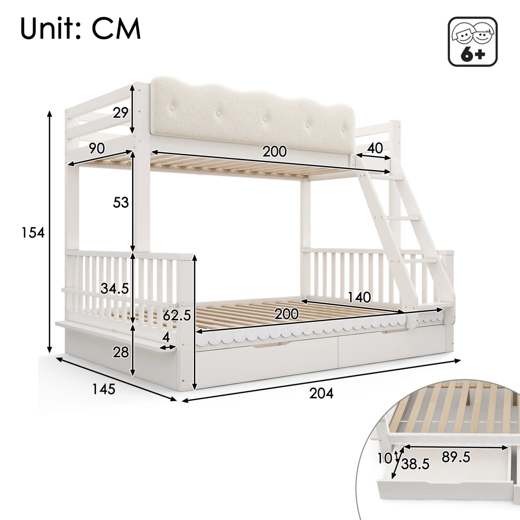 LETTO a castello 90x200/140x200 cm in legno bianco con cassetti e portariviste