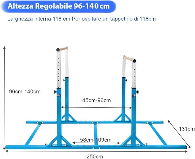 Parallele Doppie per Ginnastica, Sbarre Orizzontali Doppie con Larghezza Regolabile e 11 Altezze, capacità di Carico di 100 kg, Sbarre di Allenamento per Bambini 6-12 Anni