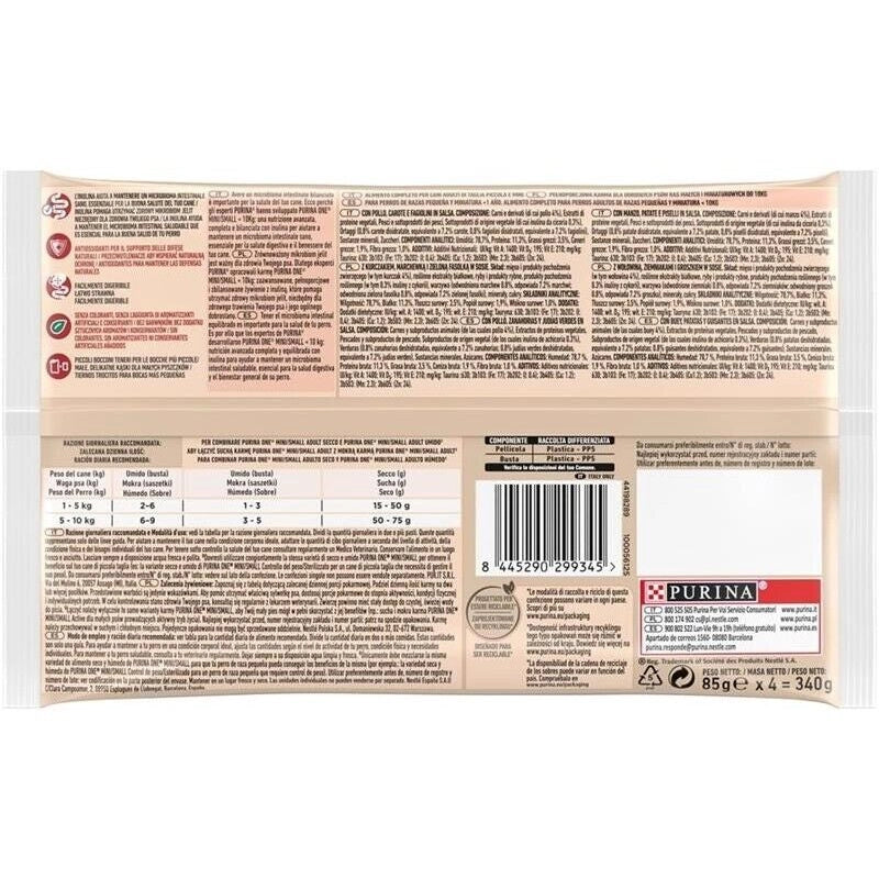 PURINA ONE MINI CIBO UMIDO PER CANI ADULTI CON POLLO E MANZO 4X85 GR