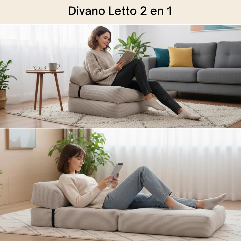 Poltrona Letto Singolo - Pouf Trasformabile in Letto Sfoderabile in Velluto a Coste - Futon Giapponese Pieghevole Pratico e Confortevole, Imbottito in Schiuma (70 x 190 cm, Grigio Chiaro)