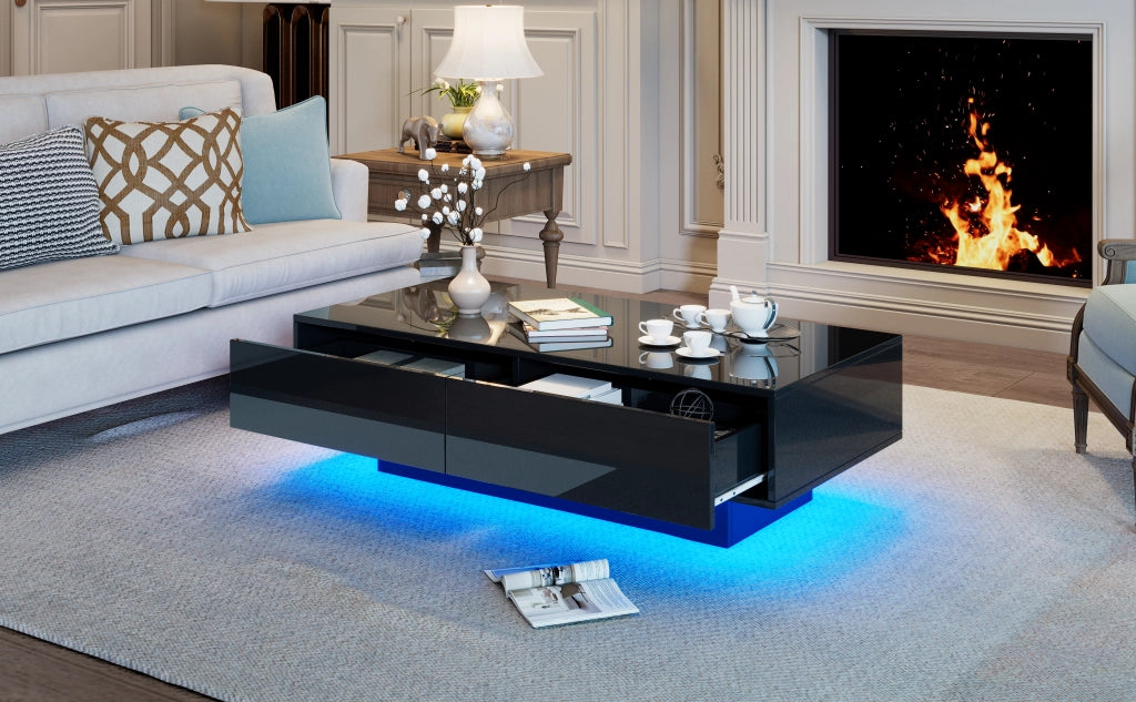 TAVOLINO da caffè 115x55x34 cm nero lucido con 2 cassetti e LED