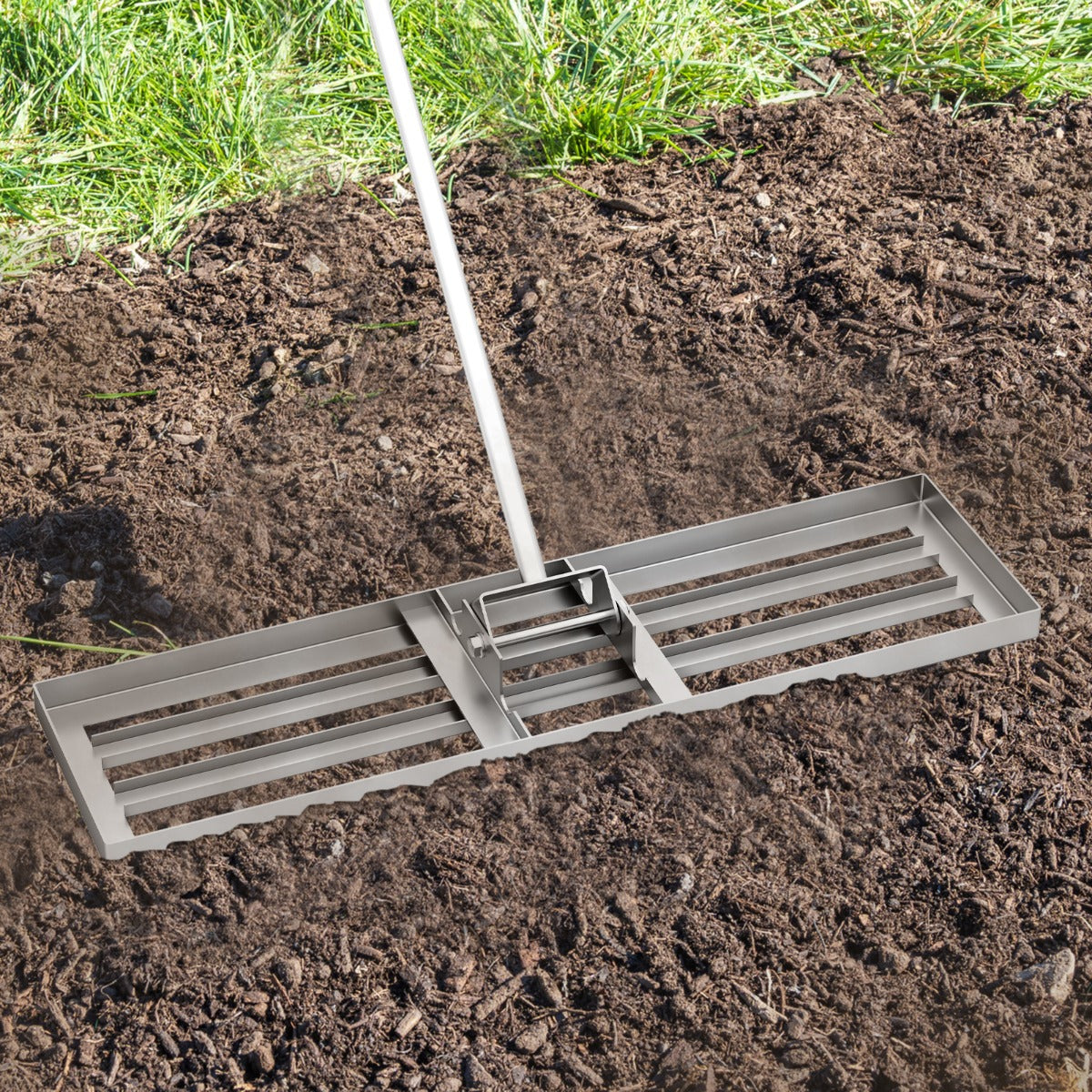 Rastrello livellatore per prato cortile, Livellatore giardino con impugnatura ergonomica e piastra 91x25cm Argento-Attrezzi da giardino