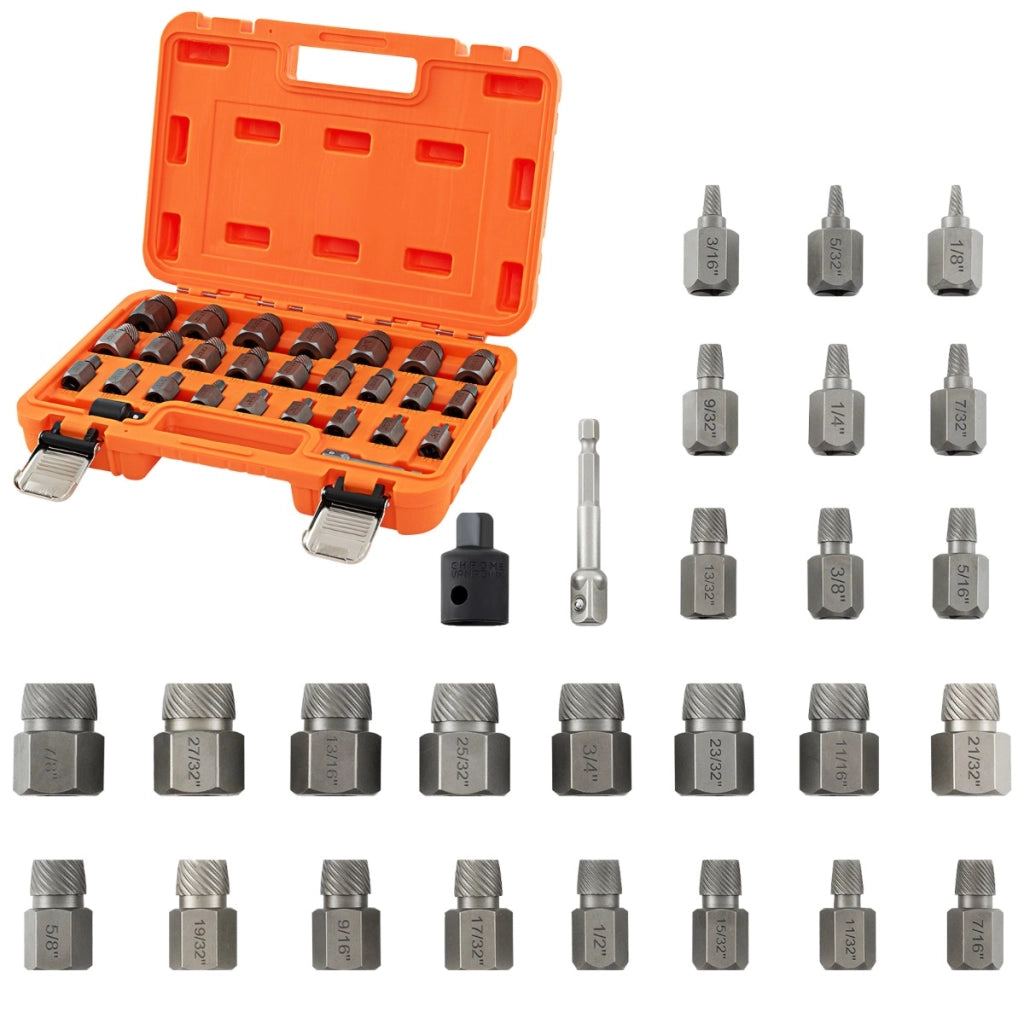 Set di estrattori per viti e steli strappati da 27 pezzi, Kit di rimozione bulloni con doppia testa e innesto Arancione-Deposito utensili Tool