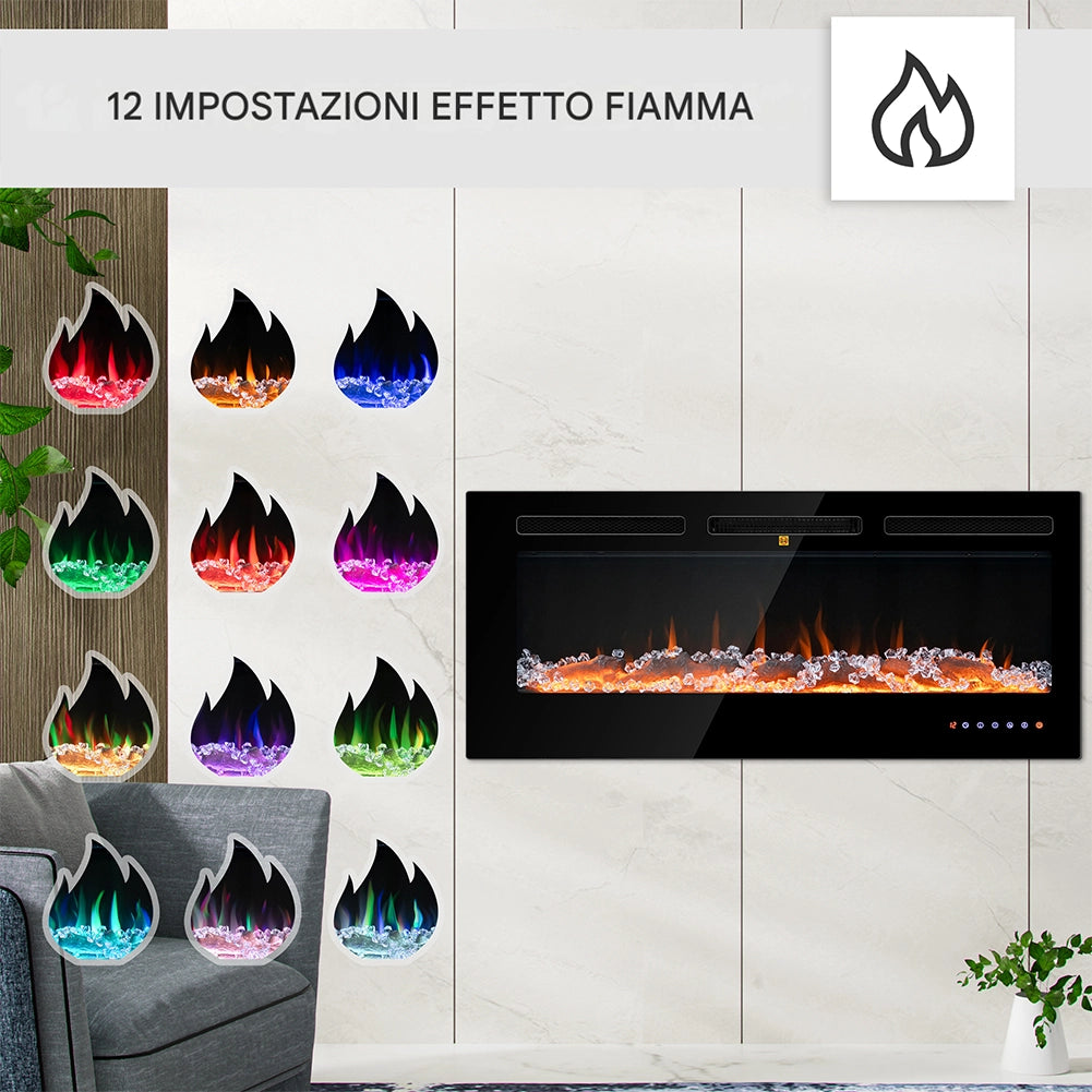 Camino Elettrico a Incasso Riscaldante Parete Fiamma Regolabile Telecomando 105cm