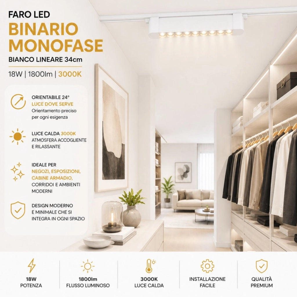 Faro Led Binario Monofase, Bianco Lineare 34cm 18W 1800lm 24° Orientabile, Disponibili 3000K 4000K (Bianco Caldo 3000K)