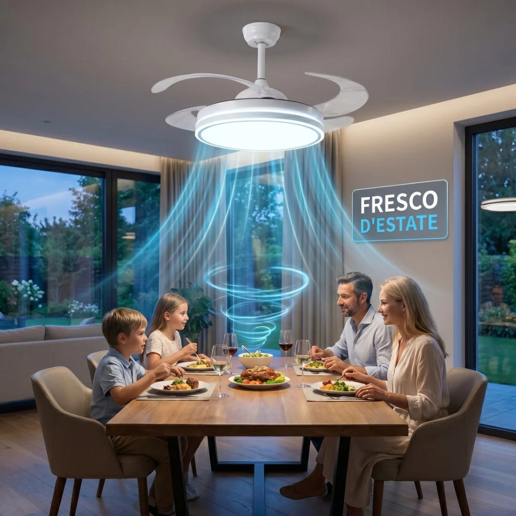 Plafoniera Ventilatore da Soffitto 108cm Pale a Scomparsa, Luce LED Dimmerabile, Telecomando e Motore Silenzioso, Bianco