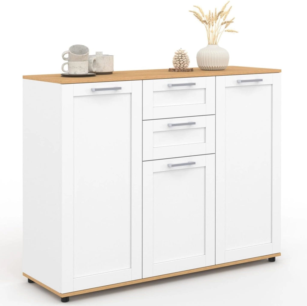 Credenza VITO 100 cm con 3 ante e 2 cassetti bianchi e piano in legno