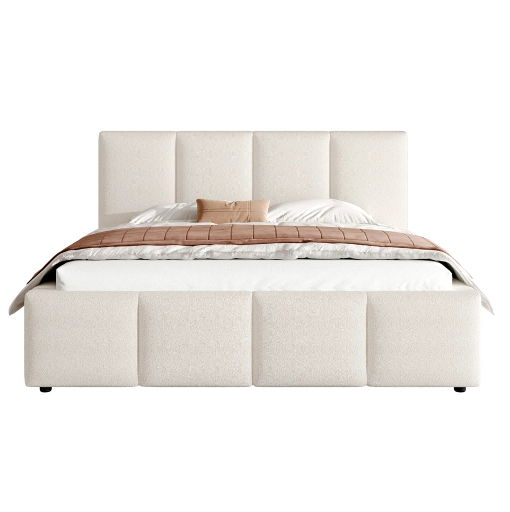 Letto imbottito 180x200 cm con rete a doghe; testiera bouclé beige