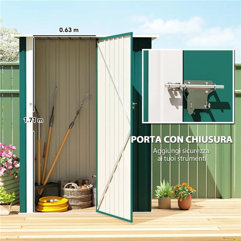 CAPANNO PORTA ATTREZZI IN METALLO CON TETTO INCLINATO E PORTA BLOCCABILE, 142X86X189 CM, VERDE