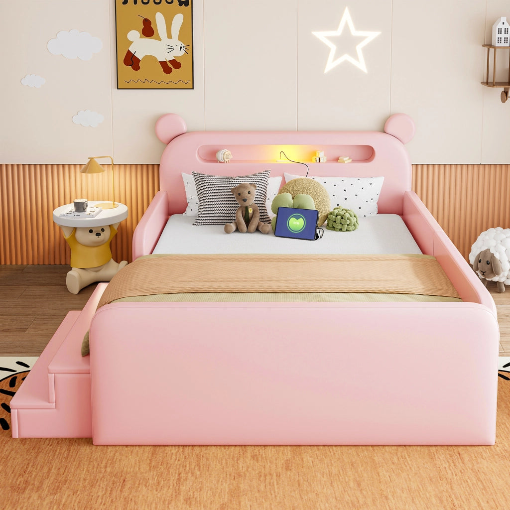 Letto imbottito per bambini con testiera a orso e USB, 140x200 cm, rosa