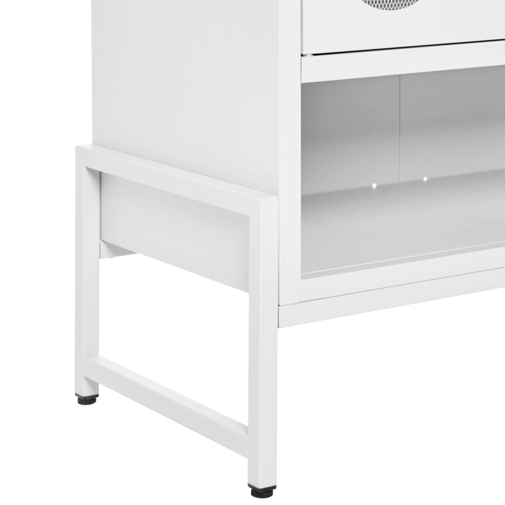 Credenza industriale moderna in acciaio con 1 anta ovale traforata e ripiano colore bianco industriale home office