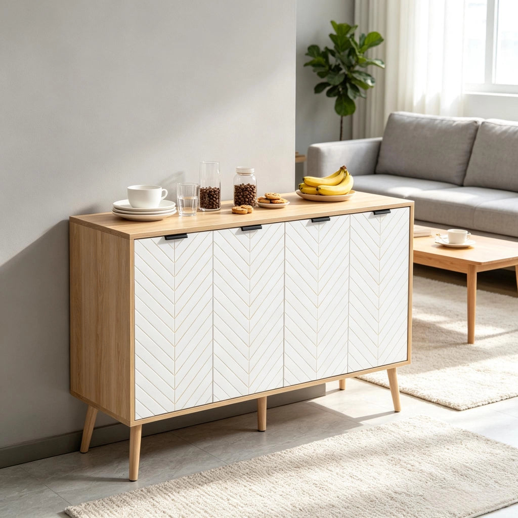Credenza a 4 ante con 1 vano aperto e ripiano regolabile, per soggiorno, in truciolare bianca, 120 × 35 × 77,4 cm