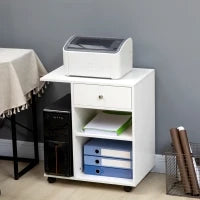 Mobiletto per Stampante in Legno con 4 Ruote, Mensola Regolabile e Piano per CPU, Bianco