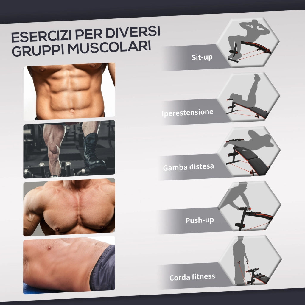 Panca per Addominali Pieghevole e Regolabile con Vogatore e 2 Corde, in Acciaio 51x137x50-66 cm, Nera e Rossa