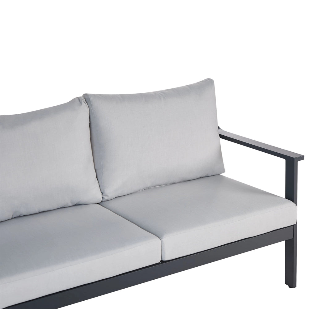 Divano da giardino 3 posti in alluminio con spessi cuscini idrorepellenti in grigio chiaro stile moderno scandinavo