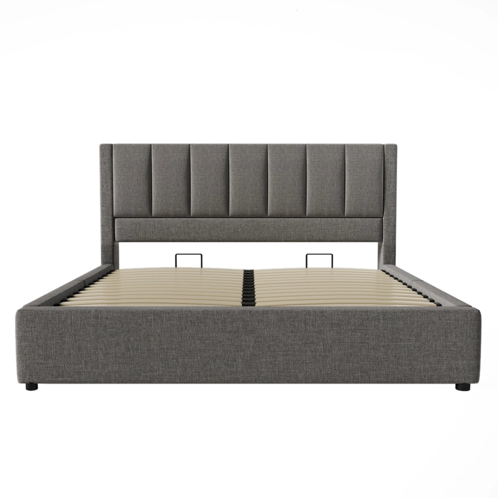 Letti contenitori 180x200 cm con portabicchieri e stazione di ricarica; lino; grigio (Senza materasso)