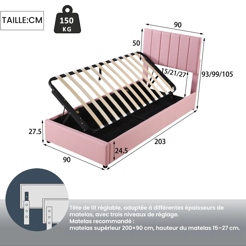 Letto Contenitore Letto Singolo con Testiera Regolabile; 90 x 200 cm; senza Materasso; Imbottito Rosa