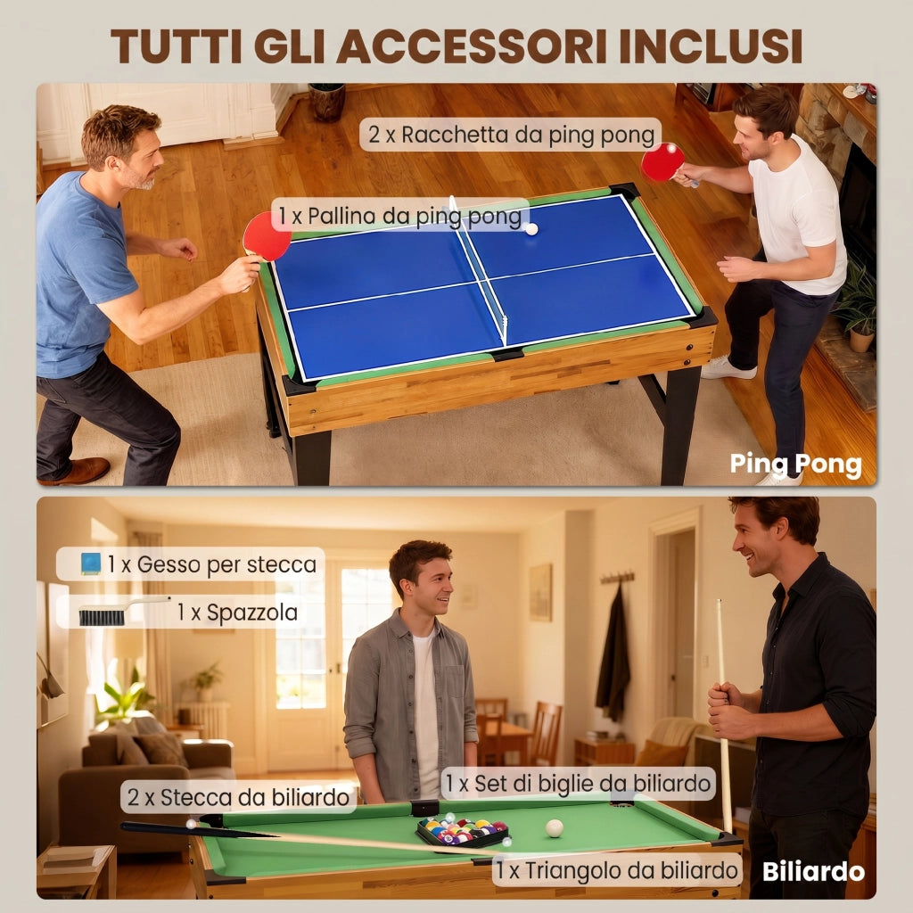 Tavolo da Gioco 13 in 1 con Calciobalilla, Ping Pong, Air Hockey, Biliardo, Scacchi e Altri, Noce