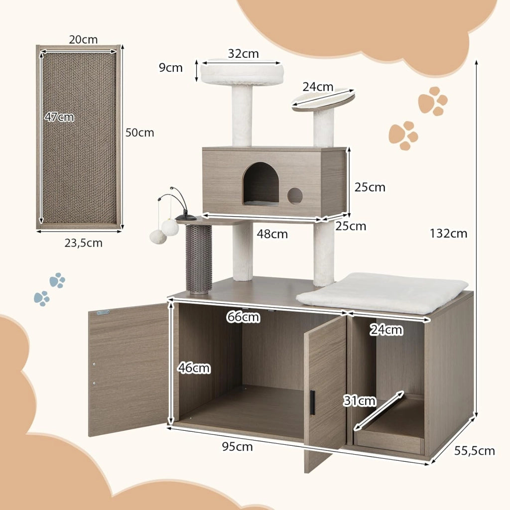Albero per Gatti con Mobile per Lettiera, Torre per Gatti Moderna 2-in-1 con Cuccia, Piattaforma Superiore, Tiragraffi, Piattaforme Multiple e Palline