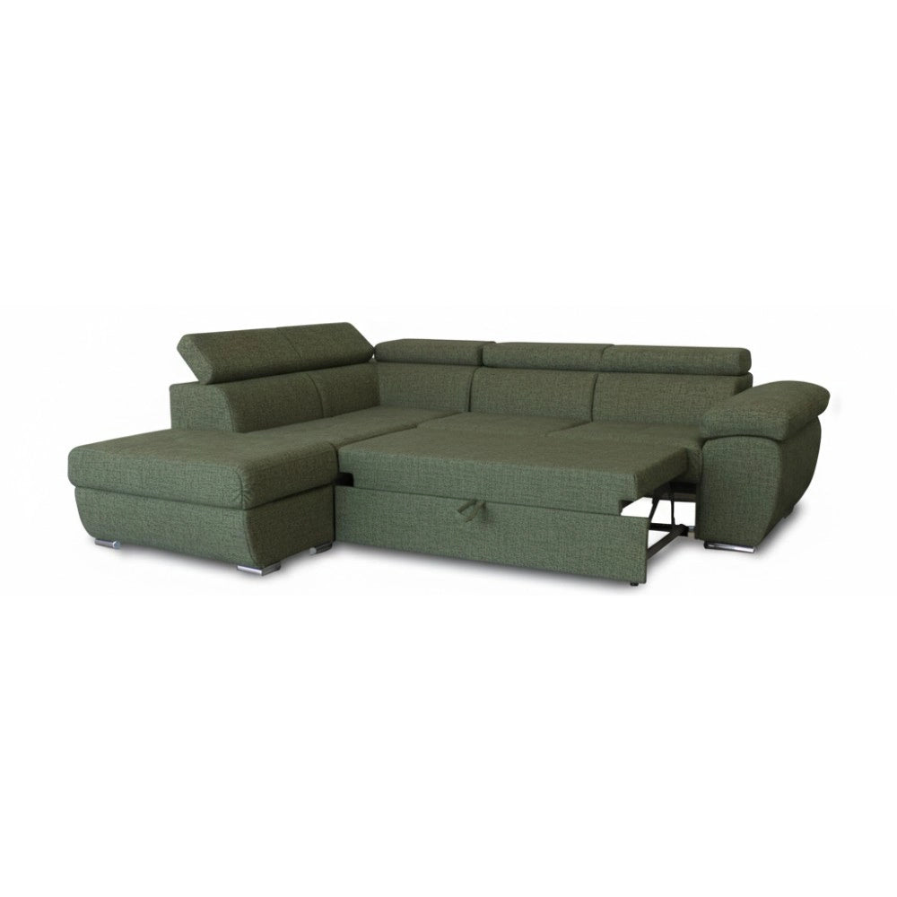 Divano Letto Angolare Fiona con Penisola Sinistra e Pouf Contenitore – Verde Oliva