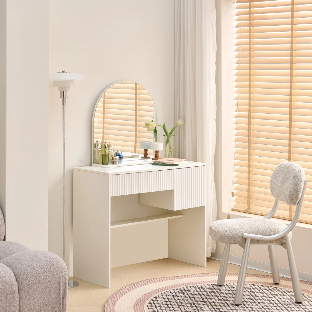 SCHMINKTISCH con specchio curvo, 2 cassetti, MDF bianco