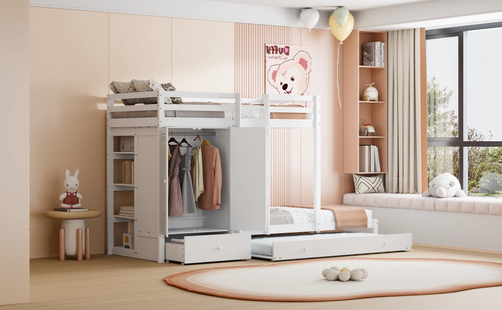 DESMIU Letto a castello 90 × 200 cm 2 posti con letto estraibile, armadio, cassetti e ripiano, senza materasso, in legno, bianco