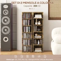 Set 2 Librerie Scaffale porta CD a 6 Ripiani ad Altezza Regolabile, in Legno, 21x19.2x88.3 cm, Marrone
