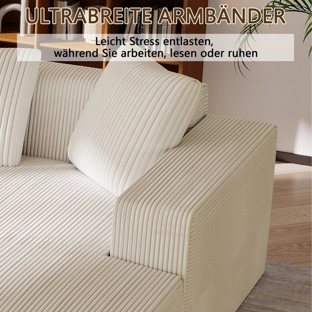 Divano modulare 3 posti con chaise longue e cuscini in velluto a coste bianco 261×146×65 cm