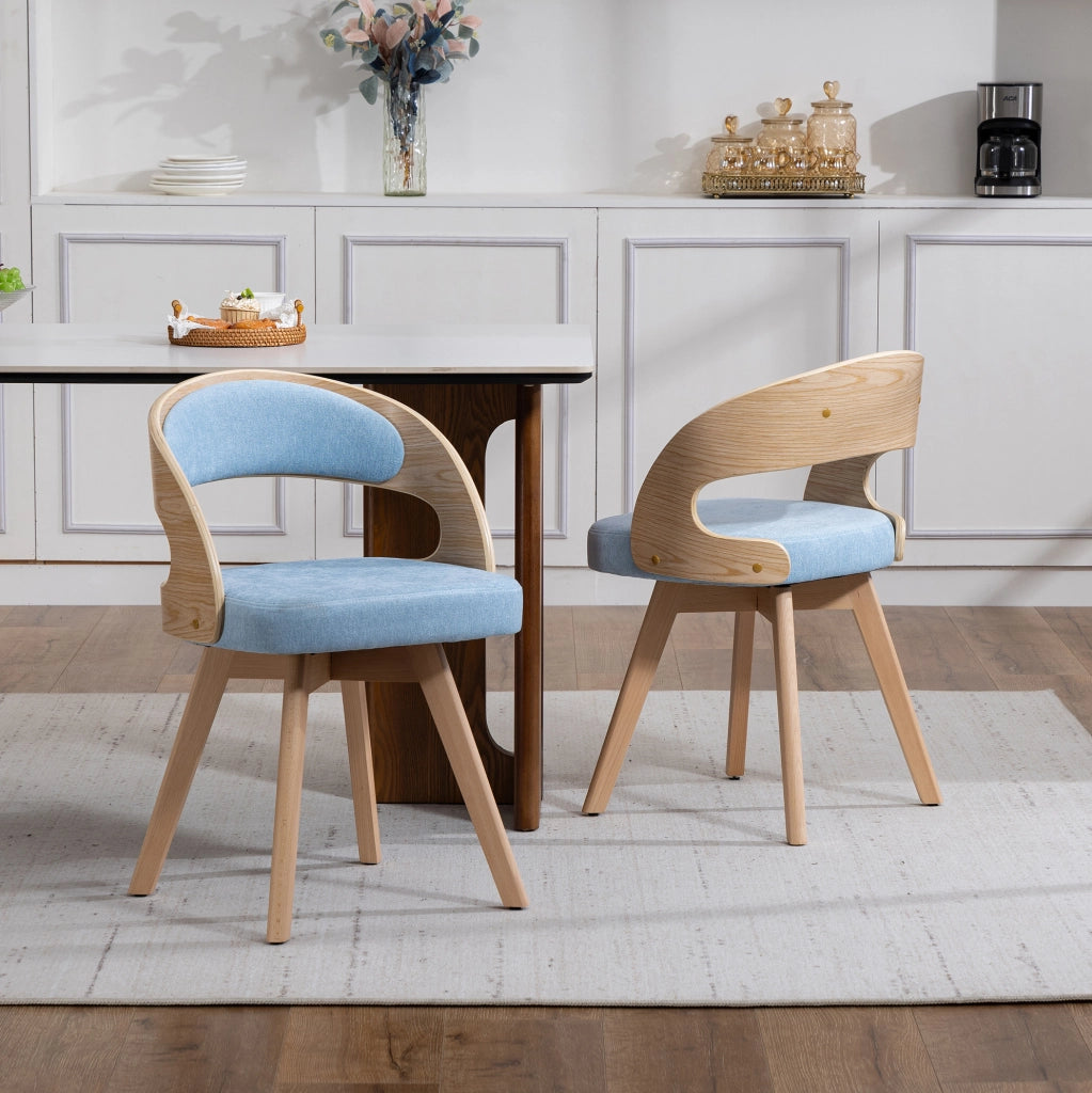 Sedia da pranzo girevole in lino blu con gambe in faggio