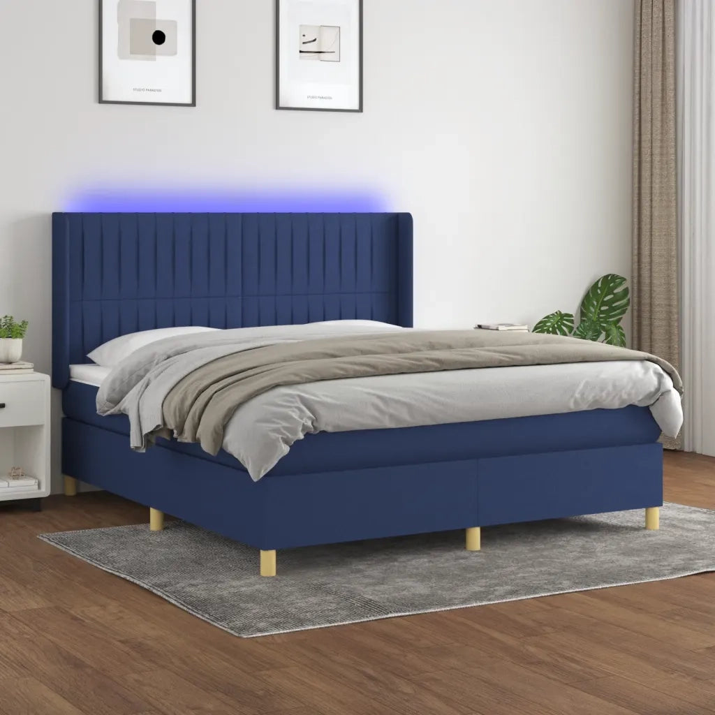 Letto a Molle con Materasso e LED Blu 180x200 cm in Tessuto