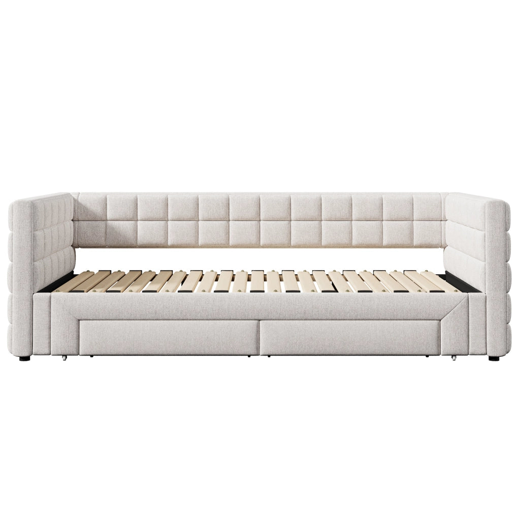 Divano letto estraibile 90x200 cm in velluto beige con 2 cassetti e schienale quadrato