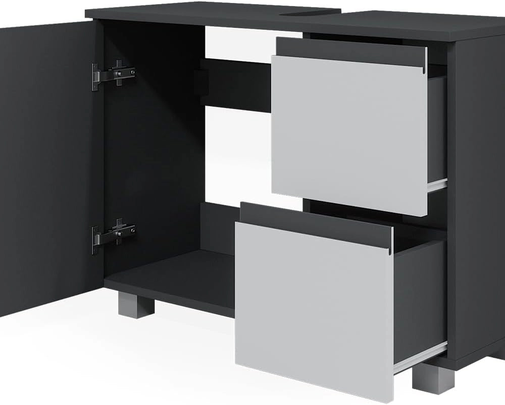 Mobile sottolavabo per bagno J-Shape, Antracite/bianco, 80 x 60.8 cm, con intaglio per sifone per l’installazione sotto il lavandino