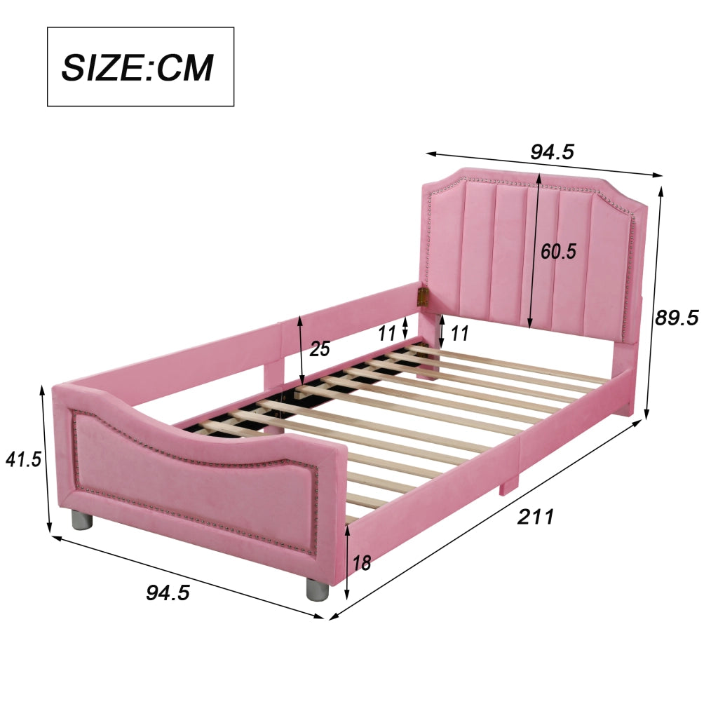 LETTO imbottito 90x200 cm in flanella rosa con testiera e pediera